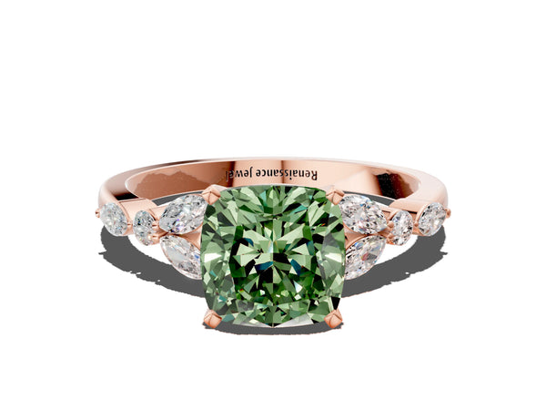Rose gold Fancy Green Cushion Cut Diamond Solitaire Ring with Side Stones and Four-Prong Setting