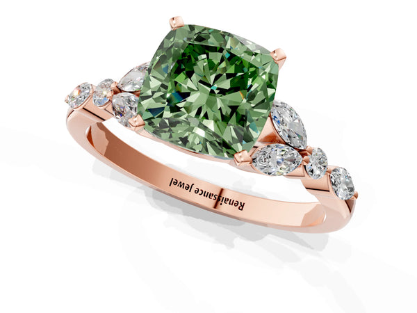 Rose gold Fancy Green Cushion Cut Diamond Solitaire Ring with Side Stones and Four-Prong Setting