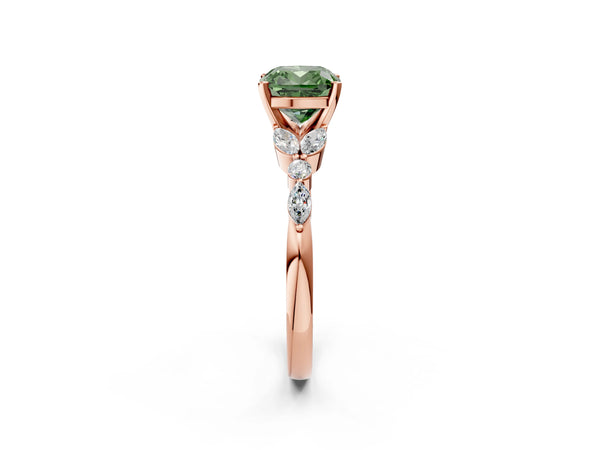 Rose gold Fancy Green Cushion Cut Diamond Solitaire Ring with Side Stones and Four-Prong Setting
