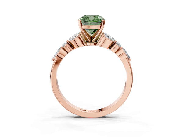 Rose gold Fancy Green Cushion Cut Diamond Solitaire Ring with Side Stones and Four-Prong Setting