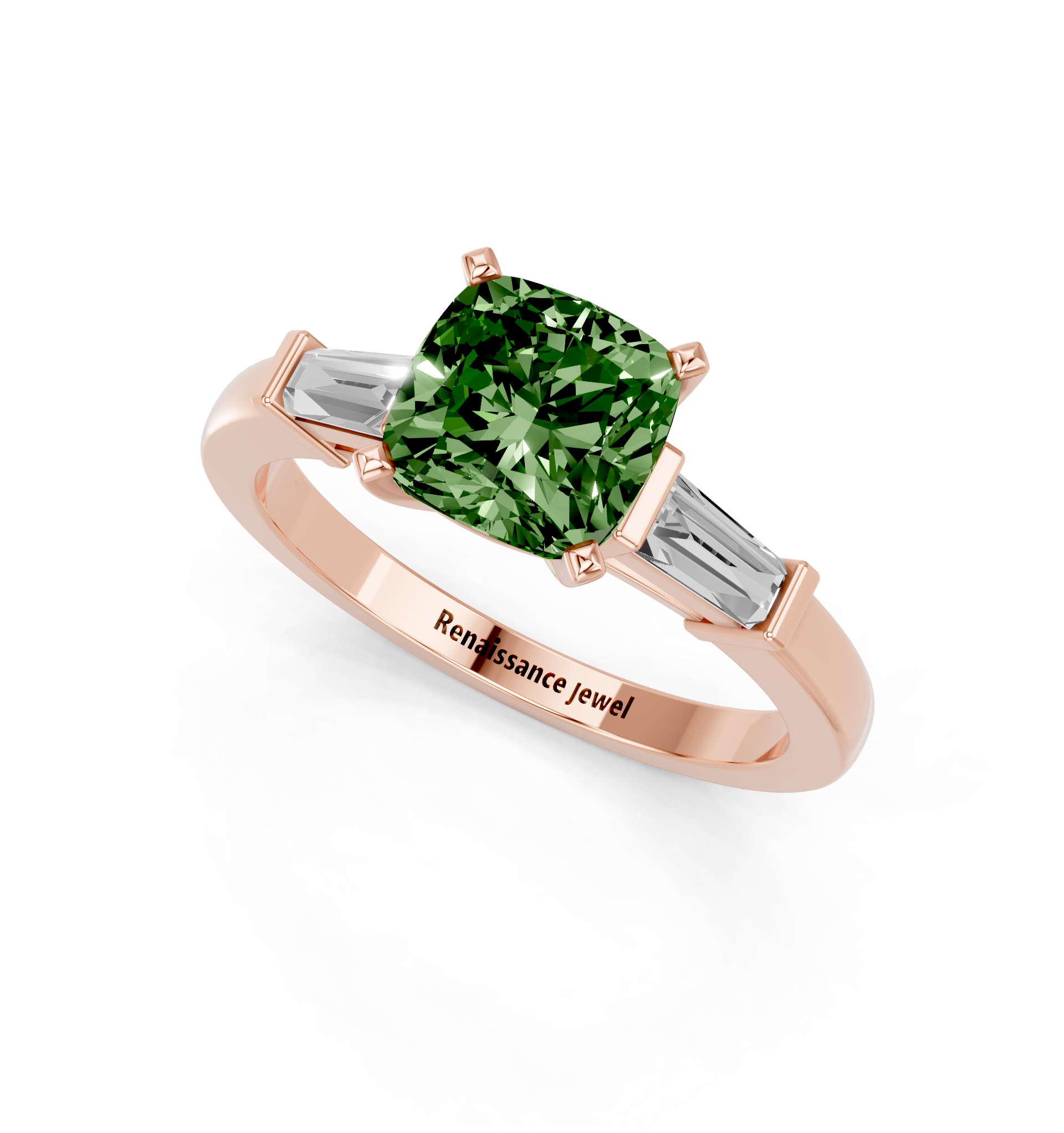 Rose gold Fancy Green Cushion  Cut Diamond Solitaire Ring with Tapered Baguette Accents and Four-Prong Setting_3