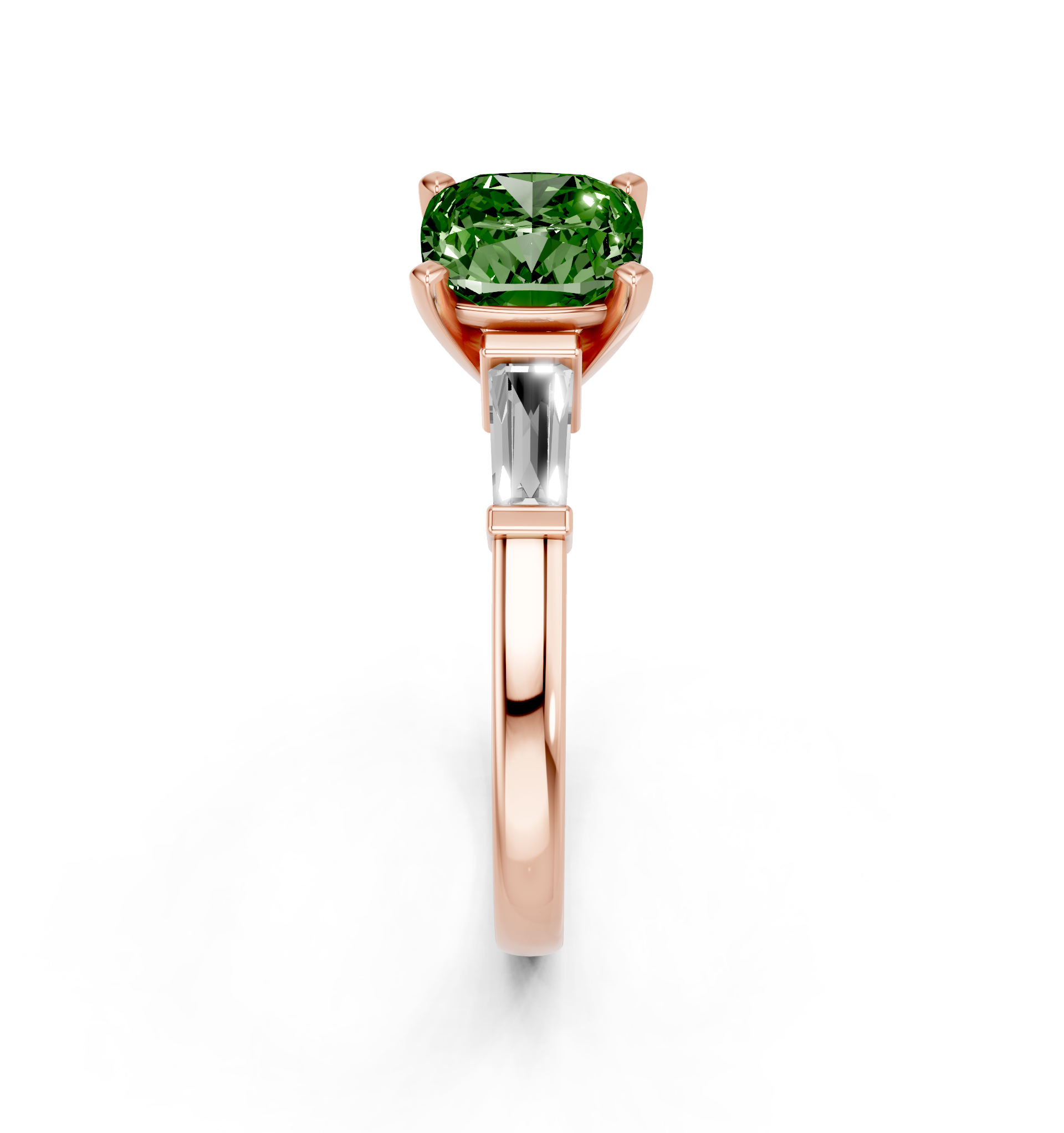 Rose gold Fancy Green Cushion  Cut Diamond Solitaire Ring with Tapered Baguette Accents and Four-Prong Setting_4