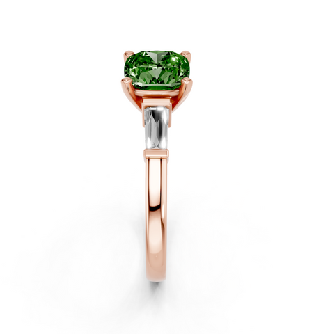 Rose gold Fancy Green Cushion  Cut Diamond Solitaire Ring with Tapered Baguette Accents and Four-Prong Setting_4