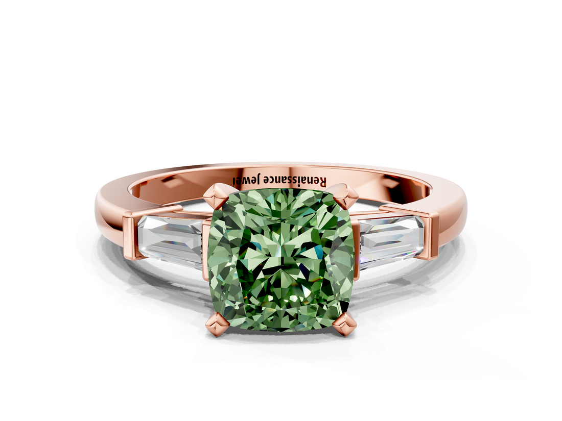 Rose gold Fancy Green Cushion  Cut Diamond Solitaire Ring with Tapered Baguette Accents and Four-Prong Setting_76