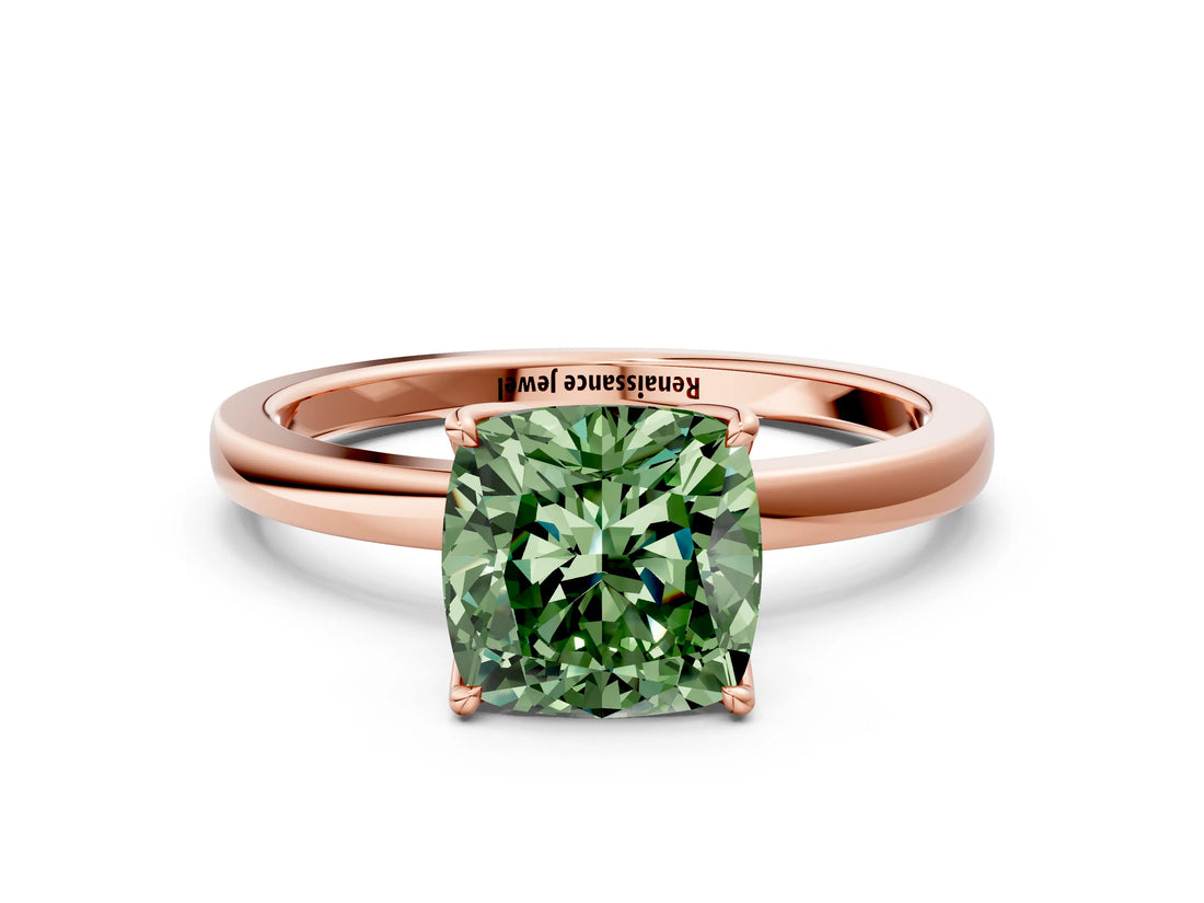 Rose gold Fancy Green Cushion Cut Diamond Solitaire Ring with Thin Band and Prong Setting_12