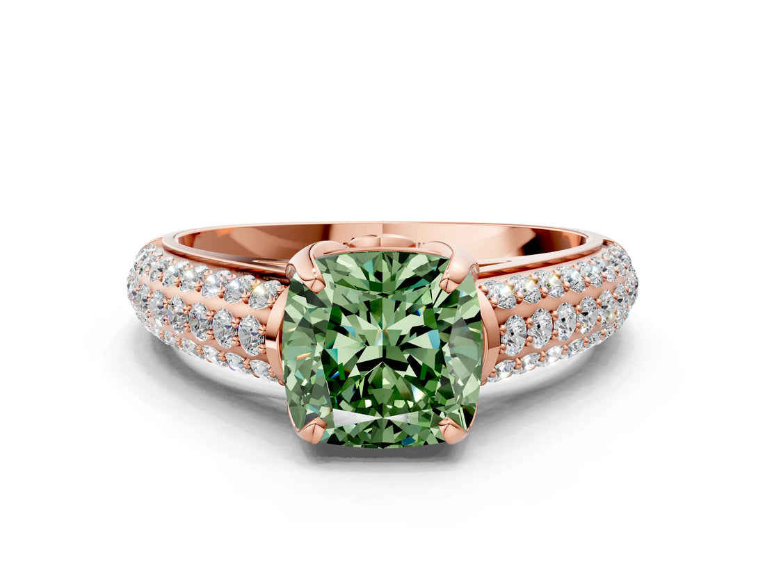 Rose gold Fancy Green Cushion Cut Diamond Solitaire Ring with Three-Row Pavé Band and Four-Prong Setting_38