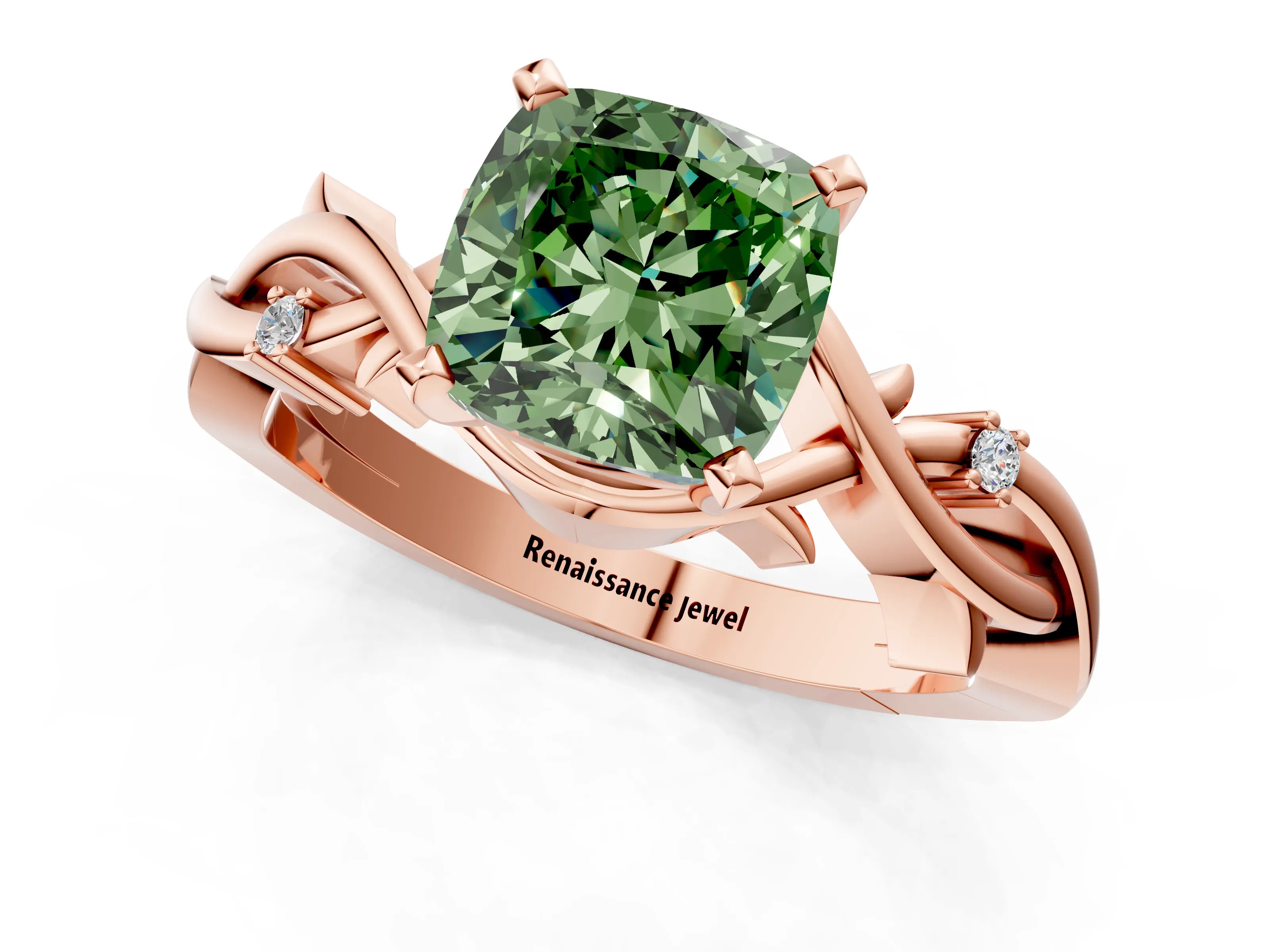Rose gold Fancy Green Cushion Cut Diamond Solitaire Ring with Twisted Band and Prong Setting_206