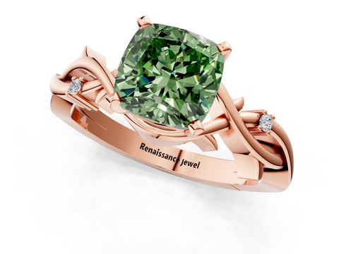 Rose gold Fancy Green Cushion Cut Diamond Solitaire Ring with Twisted Band and Prong Setting_206