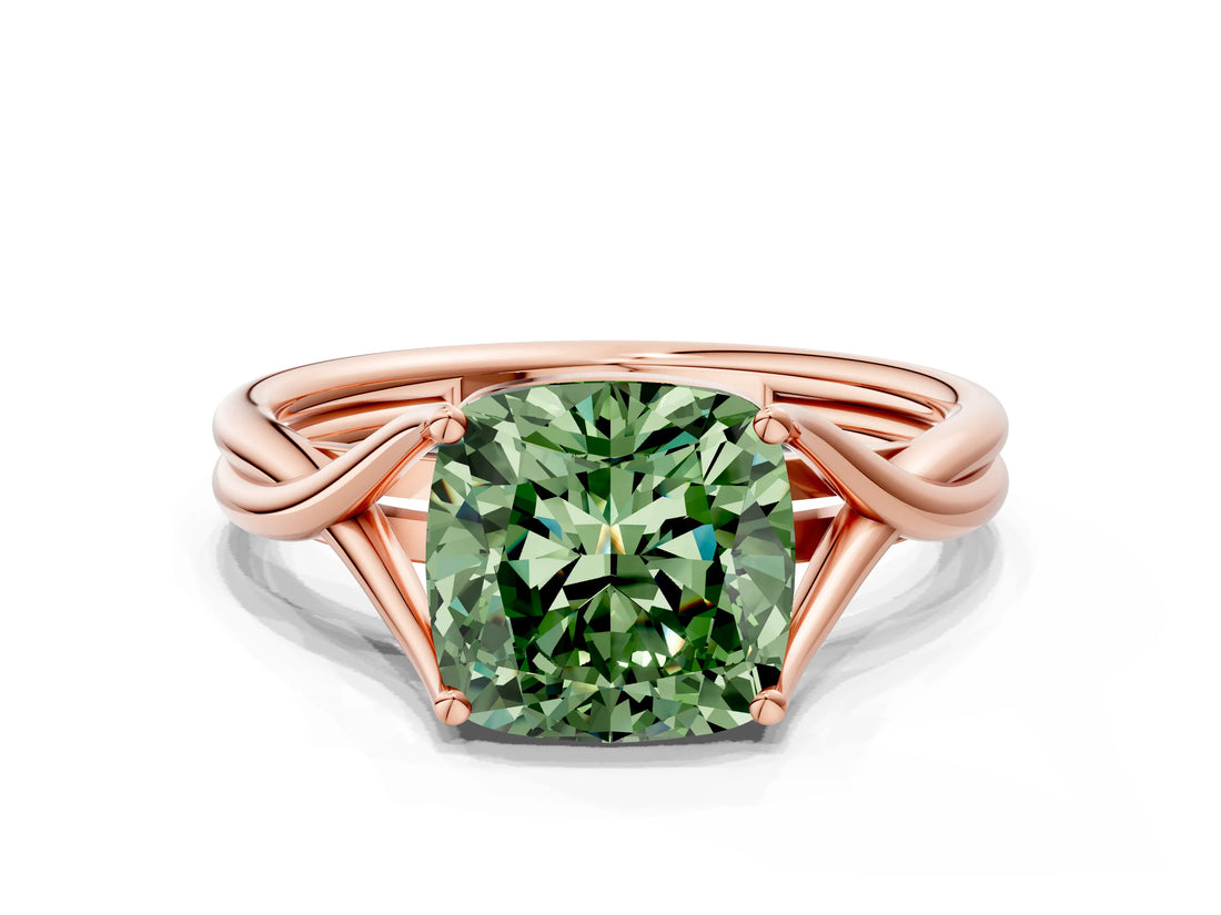 Rose gold Fancy Green Cushion Cut Diamond Solitaire Twist Band Prong Setting Ring_84