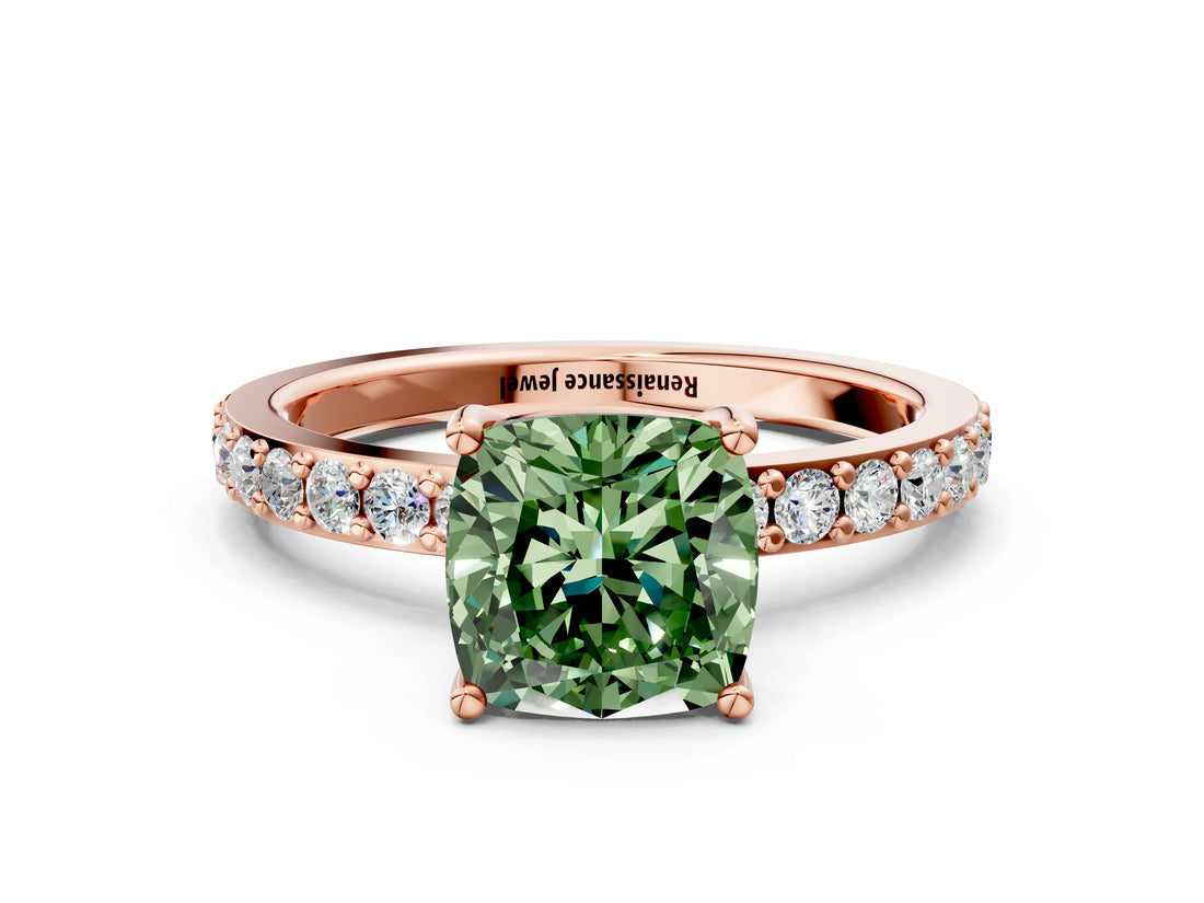 Rose gold Fancy Green Cushion  Cut Diamond Solitaire with Pave Band and Four-Prong Setting