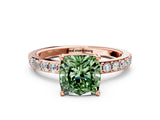 Rose gold Fancy Green Cushion  Cut Diamond Solitaire with Pave Band and Four-Prong Setting