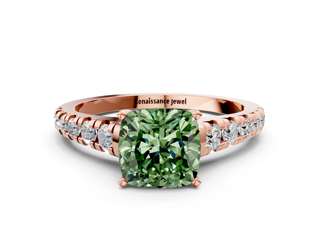 Rose gold Fancy Green Cushion  Cut Diamond Solitaire with Pave Band and Four-Prong Setting_157