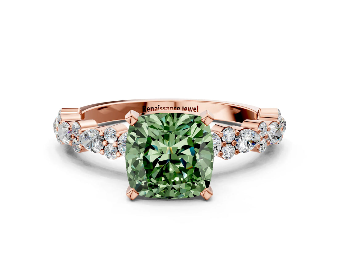 Rose gold Fancy Green Cushion Cut Diamond Solitaire with Side Stones, Pave Band, Four-Prong Setting_90