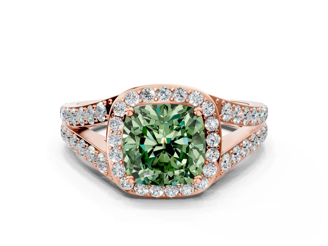 Rose gold Fancy Green Cushion Cut Diamond Split Shank Halo Ring with Four-Prong Setting_66