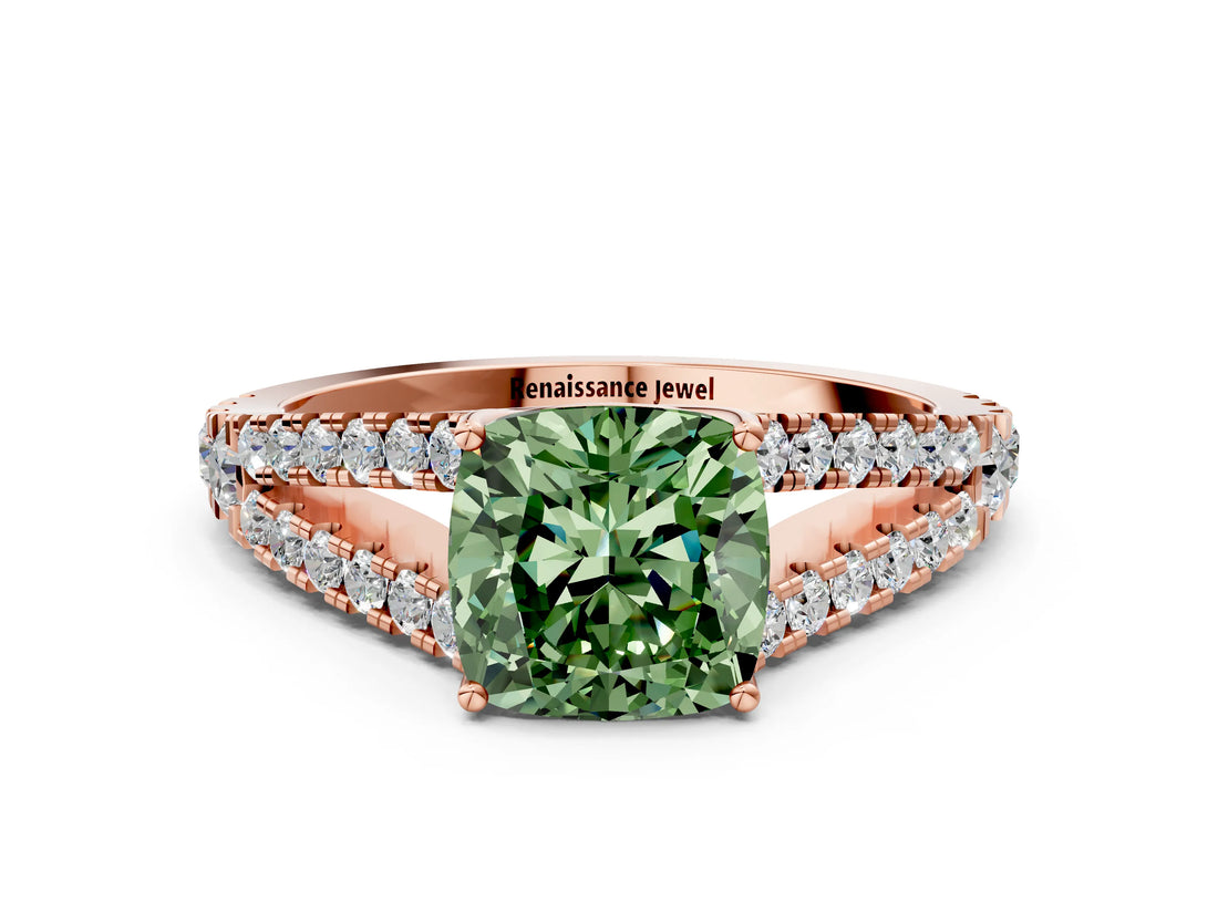 Rose gold Fancy Green Cushion Cut Diamond Split Shank Pavé Engagement Ring with Four-Prong Setting_77