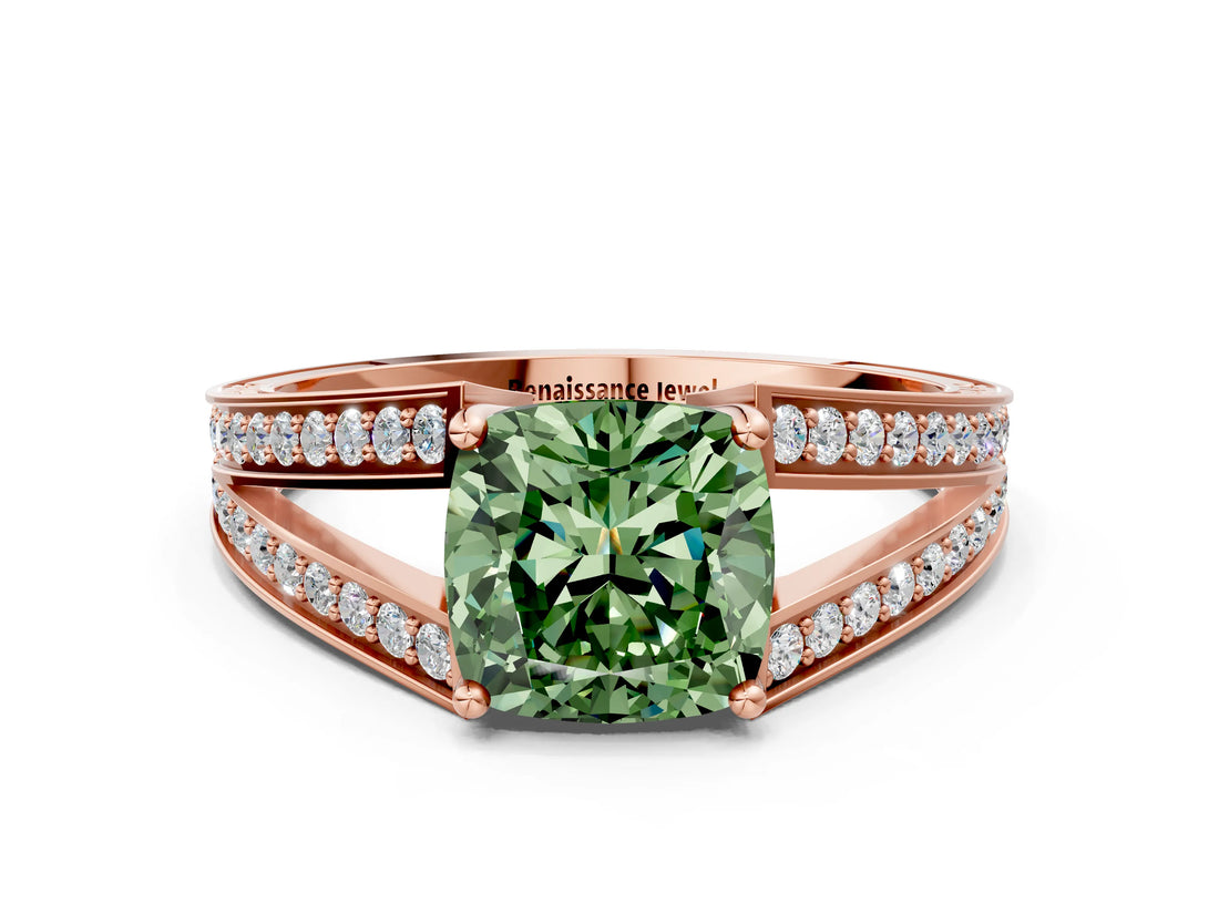 Rose gold Fancy Green Cushion Cut Diamond Split Shank Ring with Pavé Band and Four-Prong Setting_44