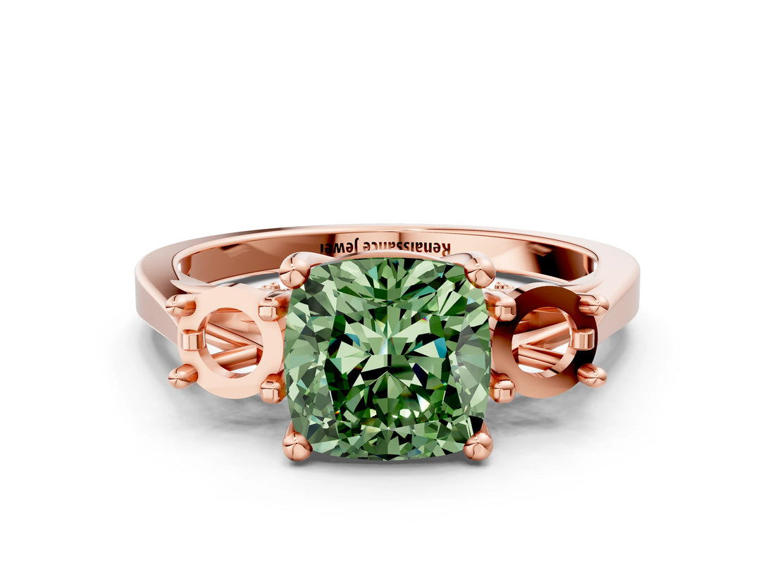Rose gold Fancy Green Cushion Cut Diamond Three-Stone Engagement Ring with Prong Setting and Pavé Band