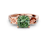 Rose gold Fancy Green Cushion Cut Diamond Three-Stone Engagement Ring with Prong Setting and Pavé Band