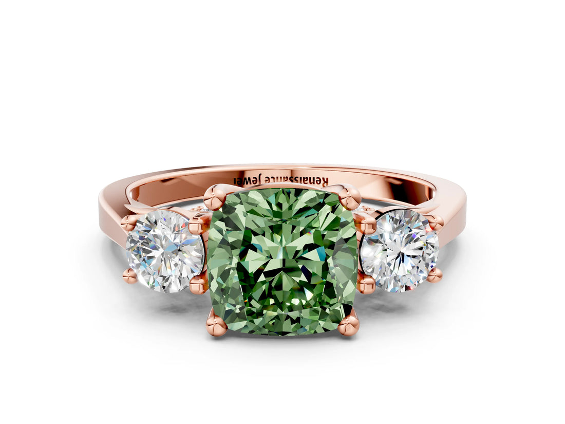 Rose gold Fancy Green Cushion Cut Diamond Three-Stone Engagement Ring with Prong Setting and Pavé Band_12