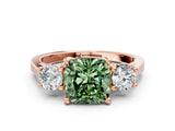 Rose gold Fancy Green Cushion Cut Diamond Three-Stone Engagement Ring with Prong Setting and Pavé Band_12