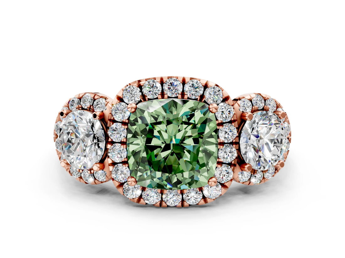 Rose gold Fancy Green Cushion Cut Diamond Three-Stone Halo Ring with Prong Setting and Pavé Accents