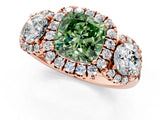Rose gold Fancy Green Cushion Cut Diamond Three-Stone Halo Ring with Prong Setting and Pavé Accents_1