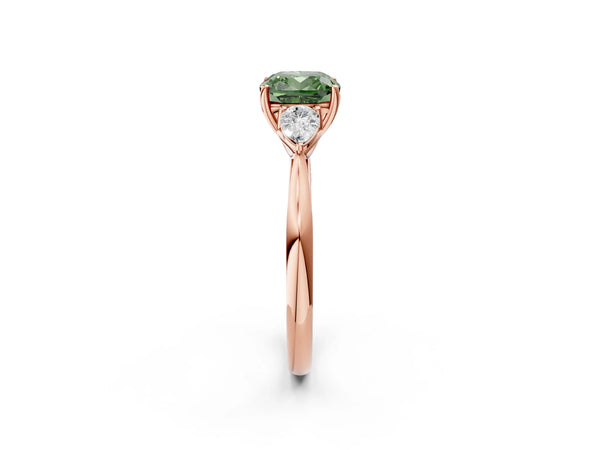 Rose Gold Cushion Cut Three Stone Pear Side Engagement Ring Setting for Fancy Green Center