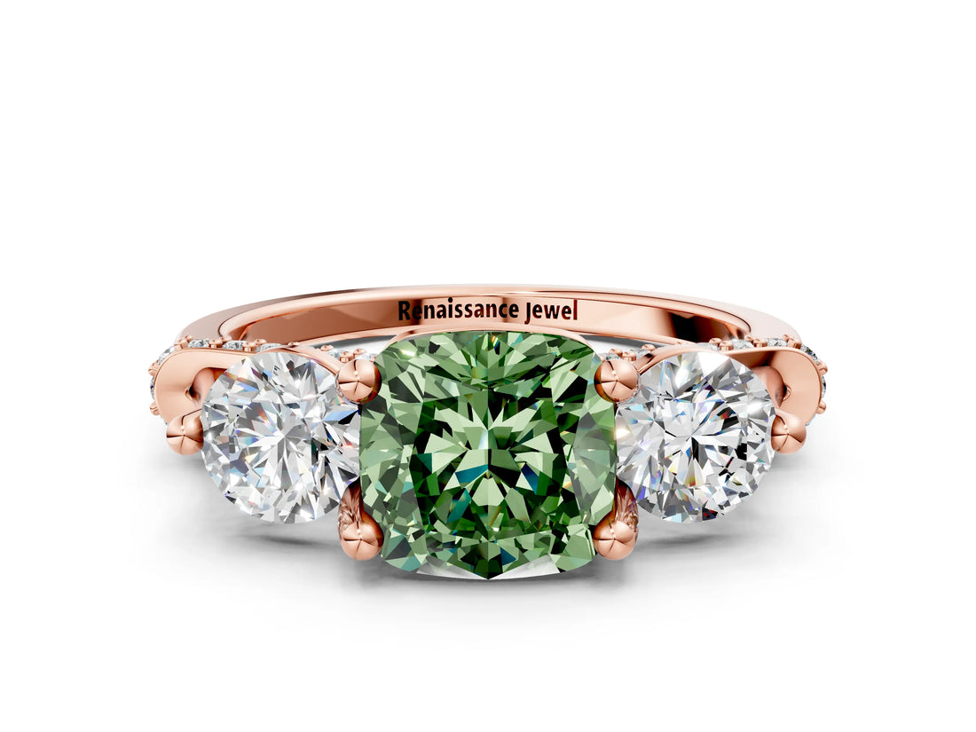Rose gold Fancy Green Cushion Cut Diamond Three-Stone Ring with Prong Setting and Pavé Band