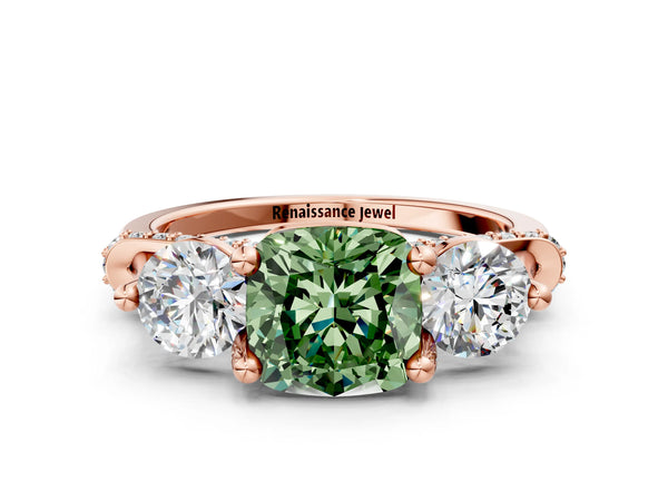 Rose Gold Cushion Cut Curved Pave Three Stone Engagement Ring Setting for Fancy Green Center