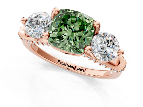 Rose Gold Cushion Cut Curved Pave Three Stone Engagement Ring Setting for Fancy Green Center