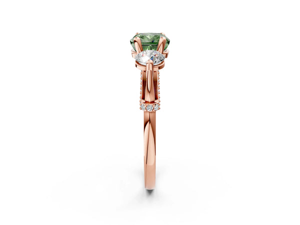 Rose Gold Cushion Cut Curved Pave Three Stone Engagement Ring Setting for Fancy Green Center