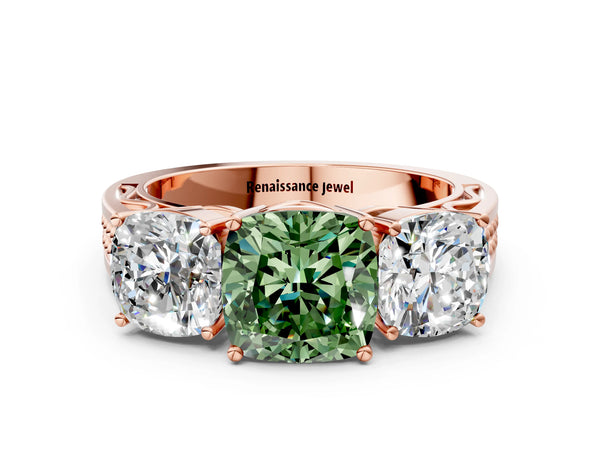 Rose gold Fancy Green Cushion Cut Diamond Three-Stone Ring with Prong Setting and Textured Band