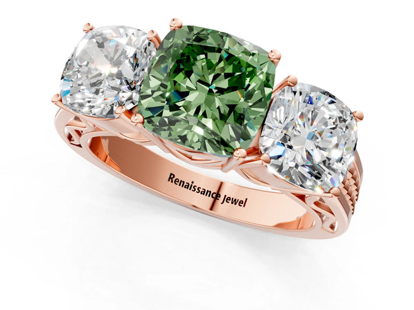 Rose gold Fancy Green Cushion Cut Diamond Three-Stone Ring with Prong Setting and Textured Band