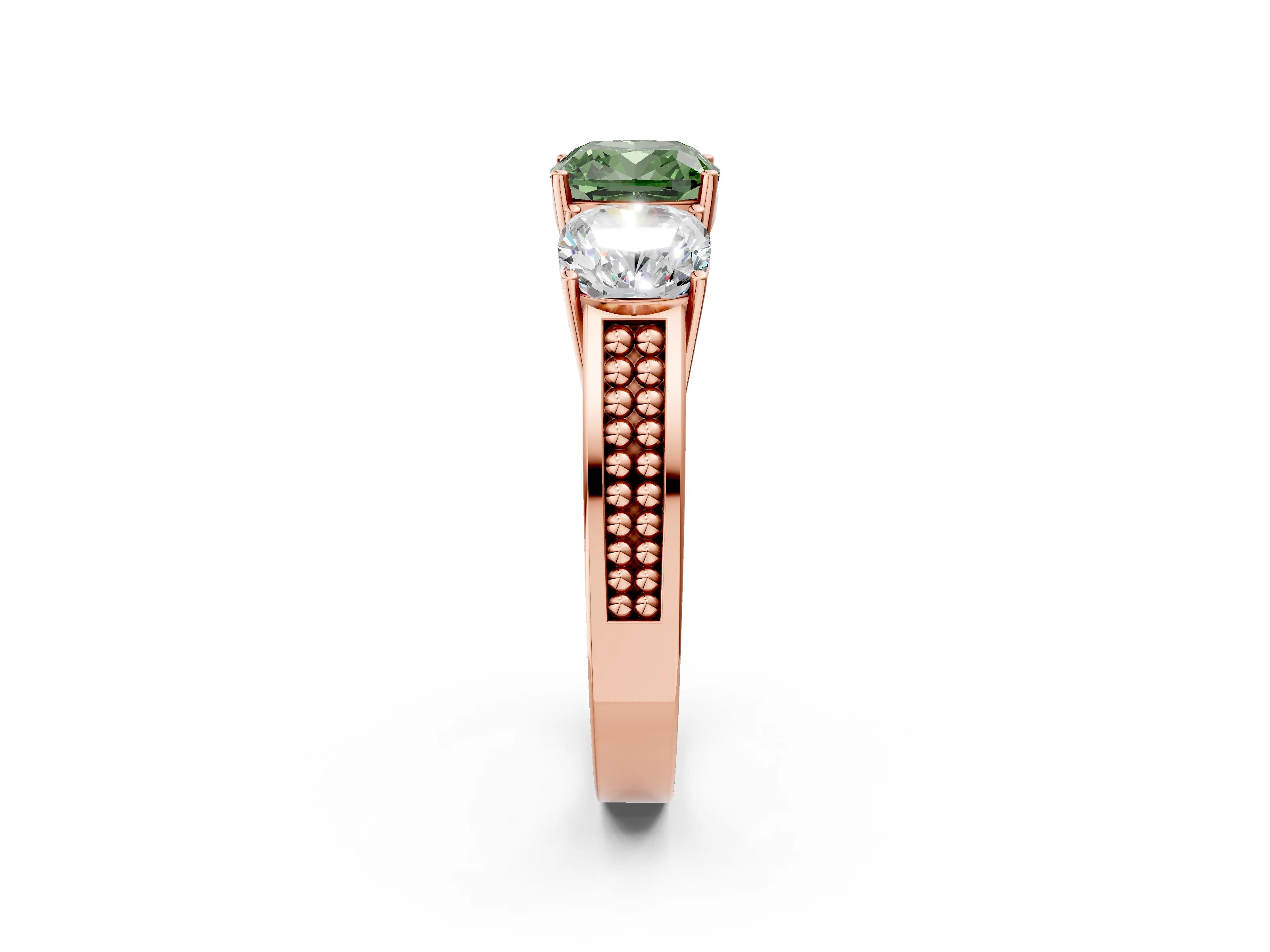 Rose gold Fancy Green Cushion Cut Diamond Three-Stone Ring with Prong Setting and Textured Band_2