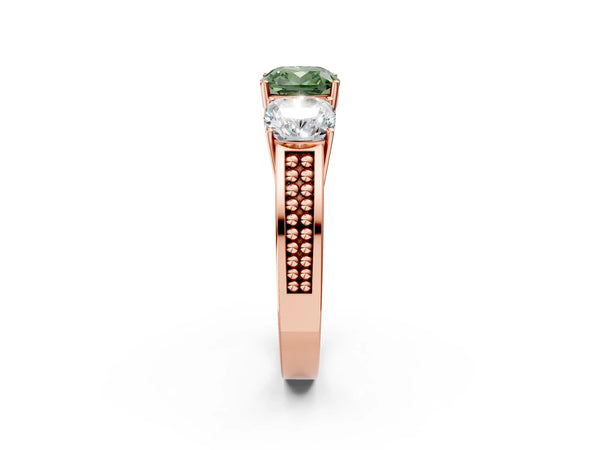 Rose gold Fancy Green Cushion Cut Diamond Three-Stone Ring with Prong Setting and Textured Band