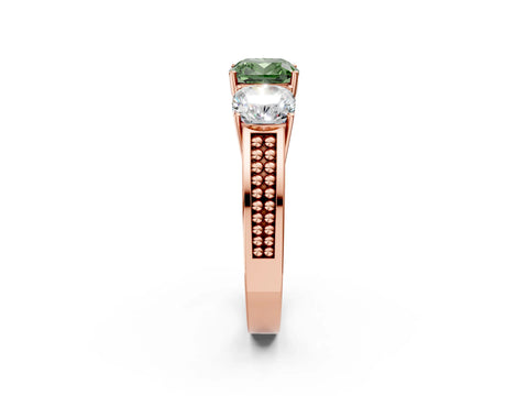 Rose gold Fancy Green Cushion Cut Diamond Three-Stone Ring with Prong Setting and Textured Band_2