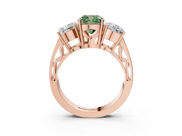 Rose gold Fancy Green Cushion Cut Diamond Three-Stone Ring with Prong Setting and Textured Band