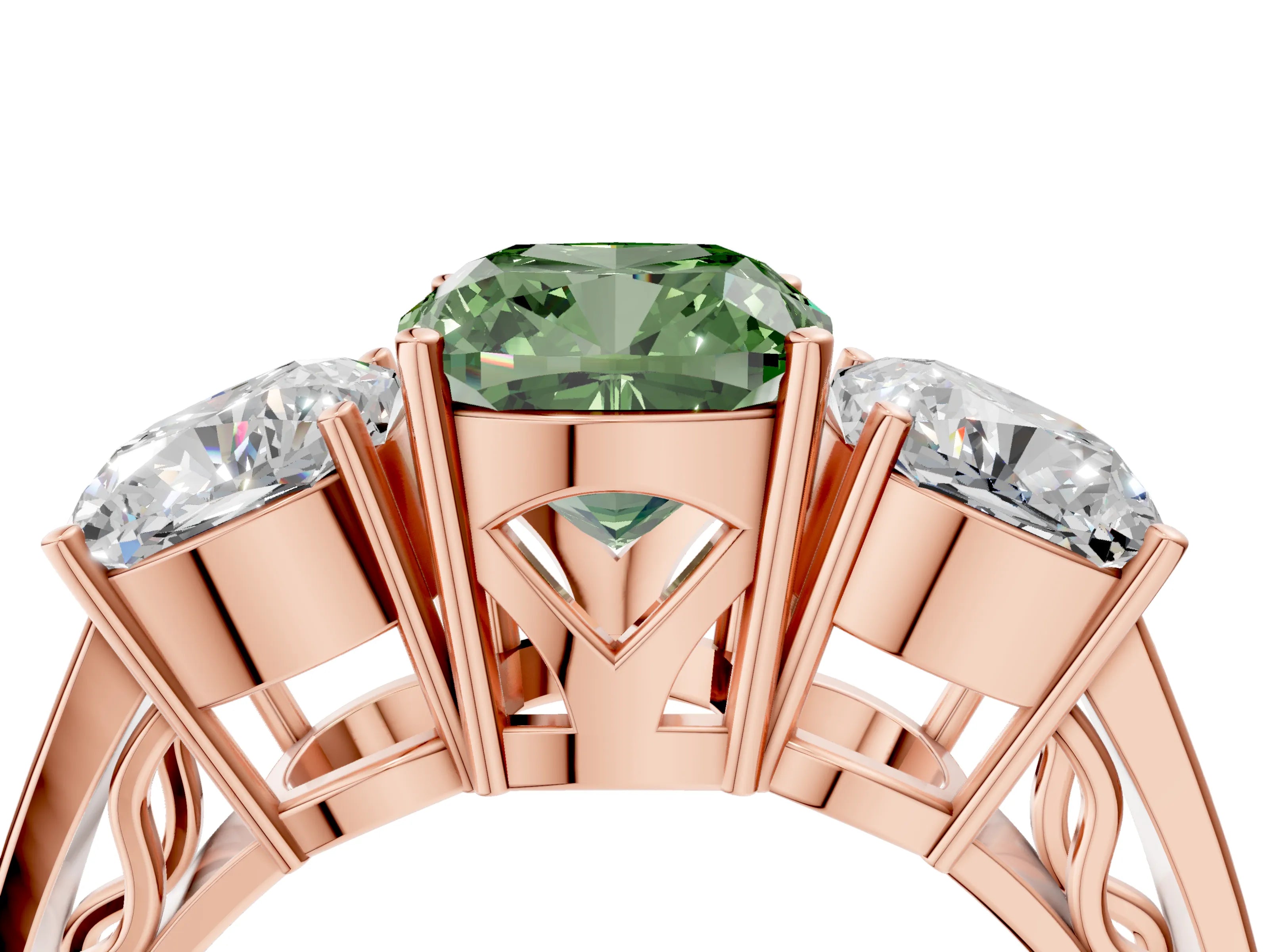 Rose gold Fancy Green Cushion Cut Diamond Three-Stone Ring with Prong Setting and Textured Band_4