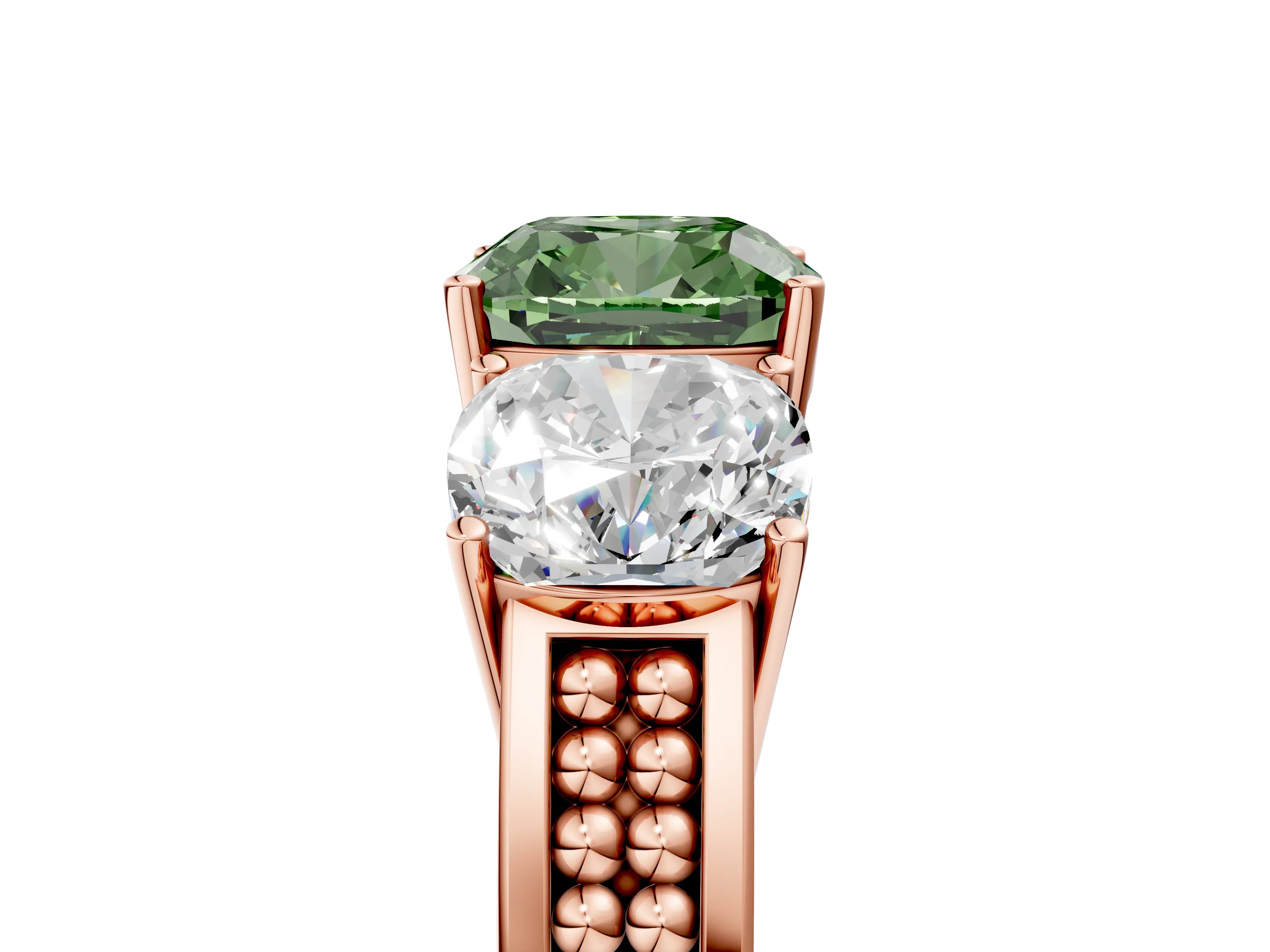 Rose gold Fancy Green Cushion Cut Diamond Three-Stone Ring with Prong Setting and Textured Band_5
