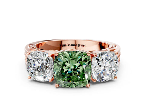 Rose gold Fancy Green Cushion Cut Diamond Three-Stone Ring with Prong Setting and Textured Band