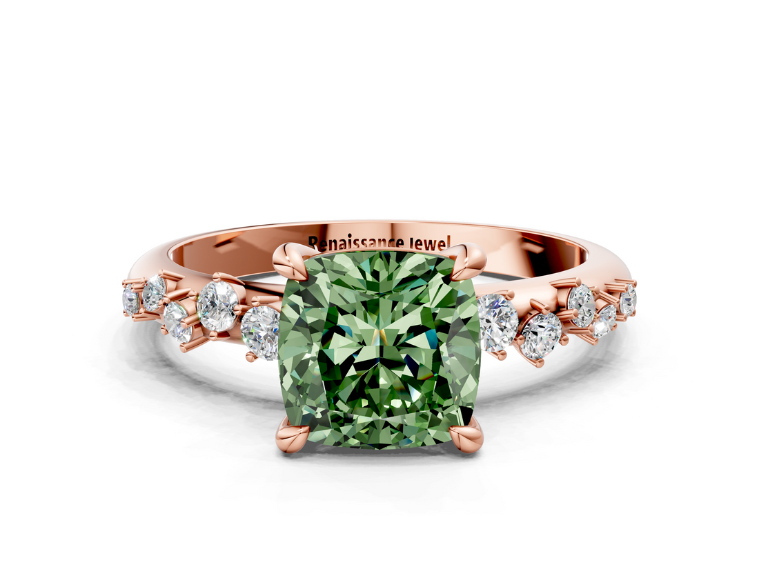 Rose gold Fancy Green Cushion  Cut Diamond Vine Band with Four-Prong Setting_74