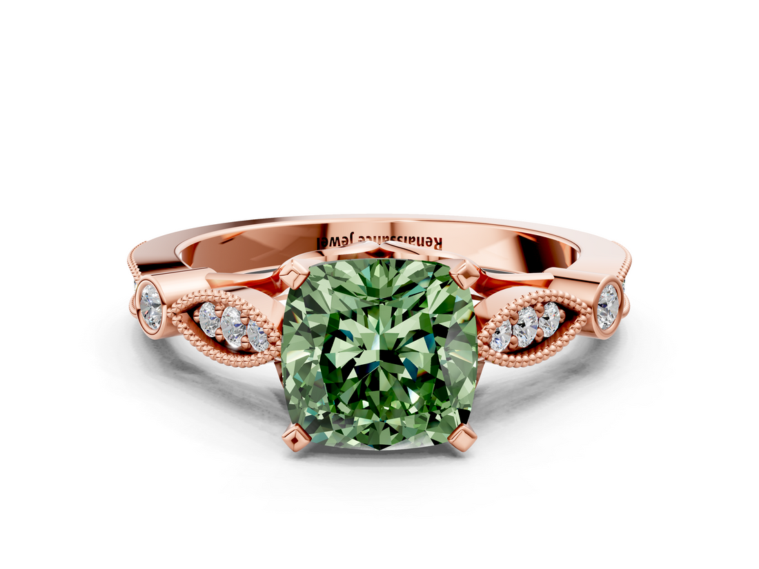 Rose gold Fancy Green Cushion  Cut Diamond with Milgrain Marquise and Bezel Accents on a Solitaire Band with Prong Setting_191