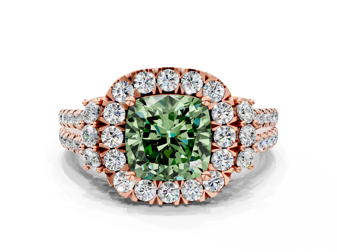 Rose gold Fancy Green Cushion  Cut Double Halo Diamond Engagement Ring with Pave Band and Four-Prong Setting_60