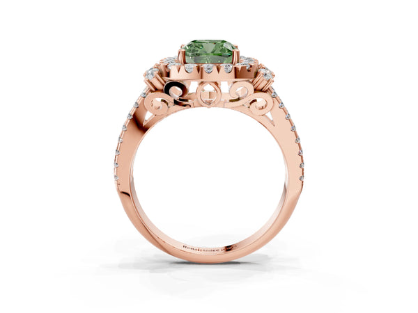 Rose gold Fancy Green Cushion  Cut Double Halo Diamond Engagement Ring with Pave Band and Four-Prong Setting