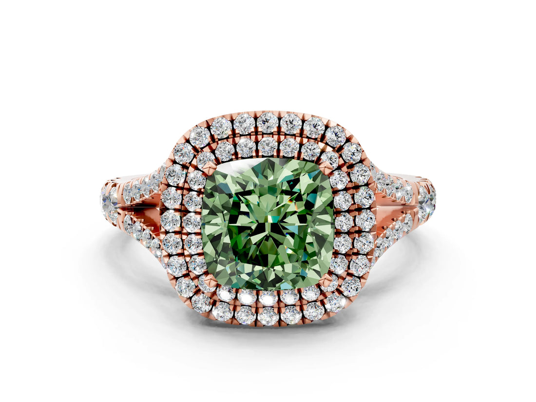Rose gold Fancy Green Cushion  Cut Double Halo Split Shank Diamond Ring with Prong Setting_48