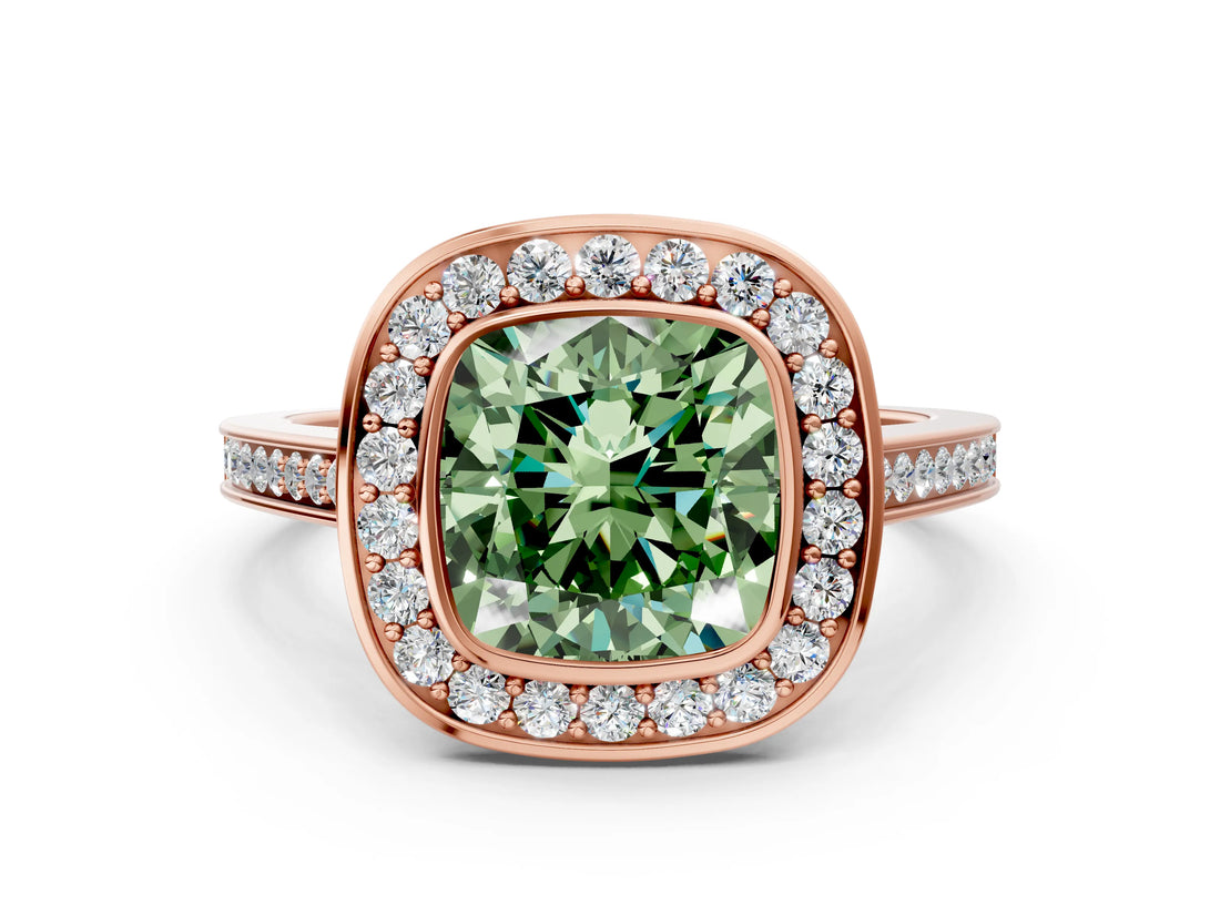 Rose gold Fancy Green Cushion Cut Halo Bezel Diamond Pave Band Ring_30