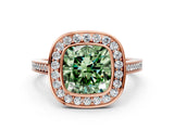 Rose gold Fancy Green Cushion Cut Halo Bezel Diamond Pave Band Ring_30