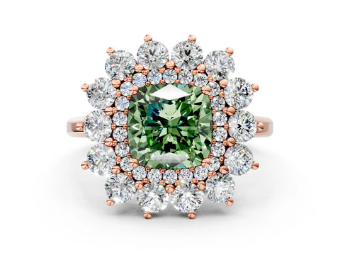Rose gold Fancy Green Cushion Cut Halo Cluster Diamond Ring with Pave Band and Four-Prong Setting_12