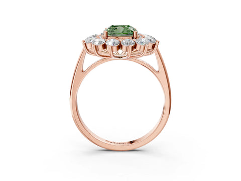 Rose gold Fancy Green Cushion Cut Halo Cluster Diamond Ring with Pave Band and Four-Prong Setting_15