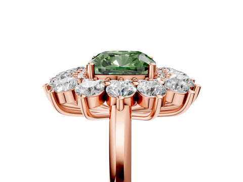 Rose gold Fancy Green Cushion Cut Halo Cluster Diamond Ring with Pave Band and Four-Prong Setting_17